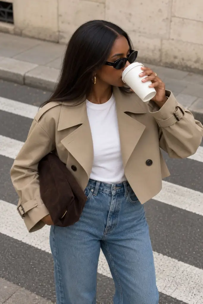 White T-shirt and blue jeans styled with a cropped beige trench jacket, chocolate brown suede clutch, and black sunglasses