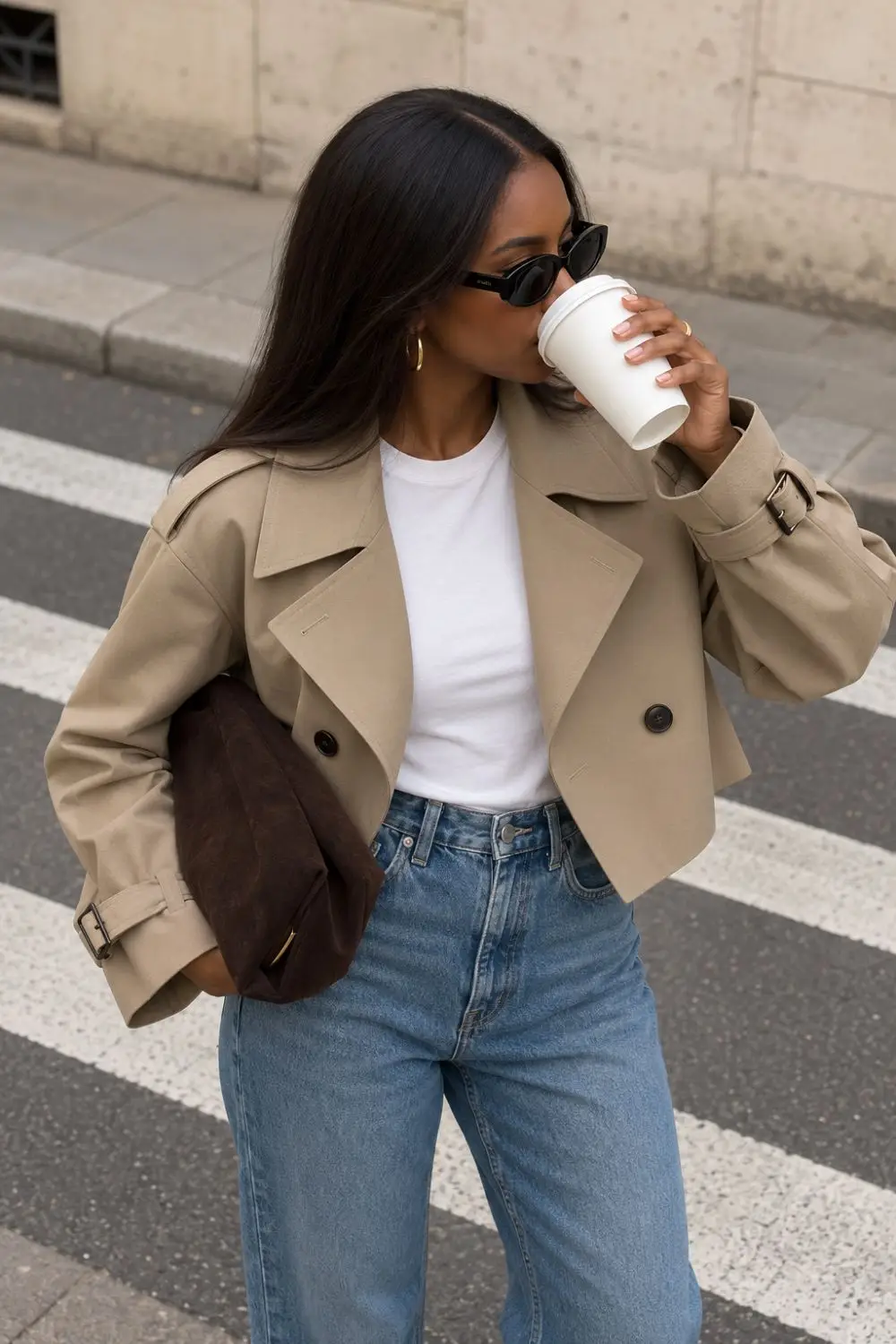 White T-shirt and blue jeans styled with a cropped beige trench jacket, chocolate brown suede clutch, and black sunglasses